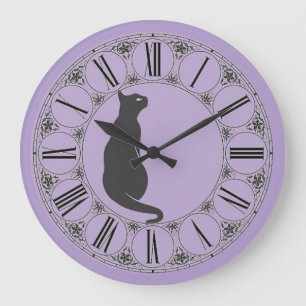 Grande Horloge Ronde Lilac avec Chat noir et visage numérique romain
