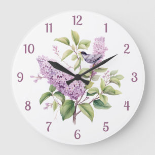 Grande Horloge Ronde Lilac Fleurs & Oiseaux Mur d'illustration botaniqu
