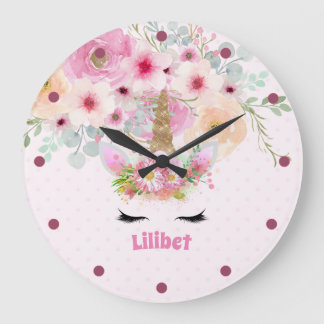 Grande Horloge Ronde Lilibet Nom Unicorn Rose Floral Girls Chambre