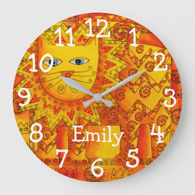Grande Horloge Ronde Lion aquarelle à motifs personnalisé avec un nom (Recto)