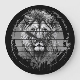 Grande Horloge Ronde Lion noir et blanc