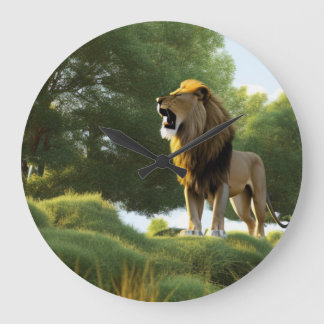 Grande Horloge Ronde Lion rugissant dans la jungle Chat sauvage Art réa