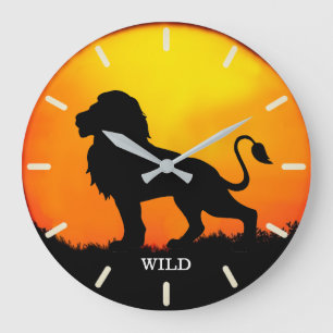Grande Horloge Ronde Lion sauvage & lever de soleil dans une jungle