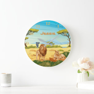 Grande Horloge Ronde Lions personnalisés sur la Savannah