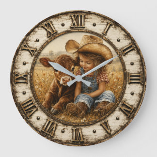 Grande Horloge Ronde Little Cowgirl and Baby Calf Rustic Farmhouse