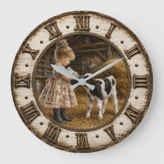 Grande Horloge Ronde Little Farm Girl Feeding Baby Calf Farmhouse