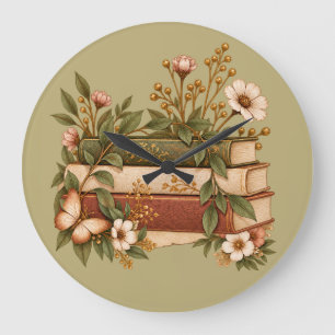Grande Horloge Ronde Livres Botaniques Anciens & Fleurs Sauvages Vert S
