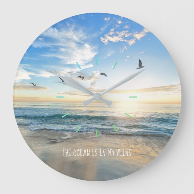 Grande Horloge Ronde L'océan est dans mes veines Plage personnalisable  (Recto)