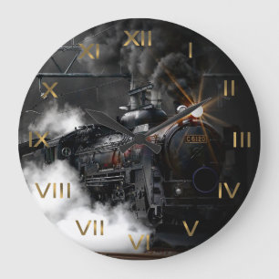 Grande Horloge Ronde Locomotive noire de train de vapeur