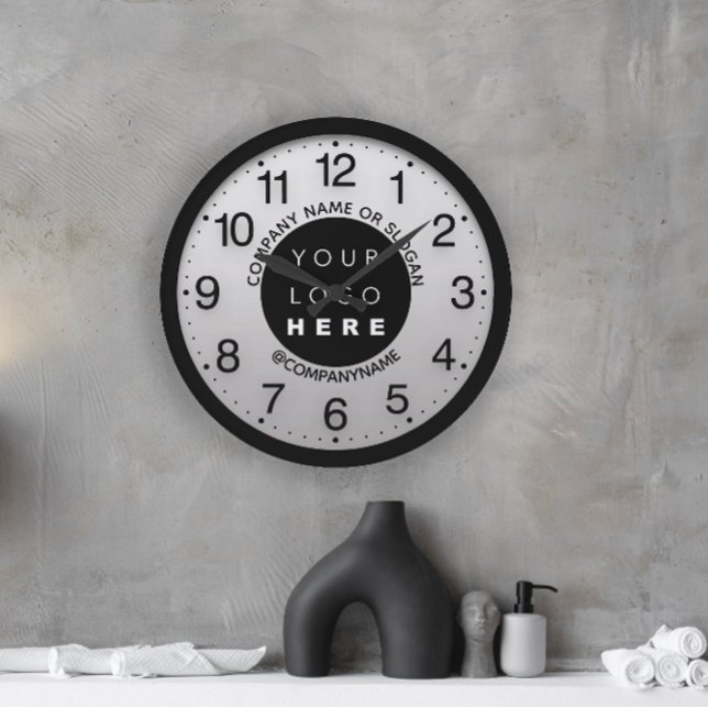 Grande Horloge Ronde Logo de l'entreprise Marbre gris noir Nom Slogan (Company Logo Black Gray Marble Name Slogan Large Clock)