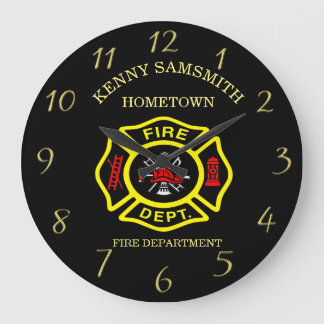 Grande Horloge Ronde Logo du service d'incendie Badge noir et jaune