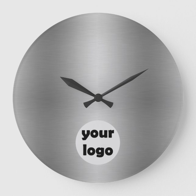 Grande Horloge Ronde Logo élégant en métal massif gris argenté (Recto)