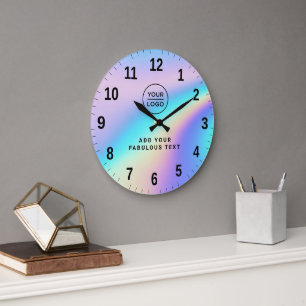 Grande Horloge Ronde Logo et texte mignons holographiques arc-en-ciel p