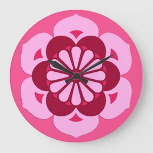 Grande Horloge Ronde Lotus Flower Mandala, Fuchsia Pink et Bourgogne