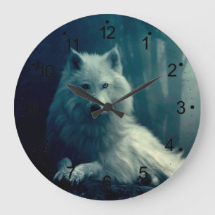 Grande Horloge Ronde Loup blanc dans la forêt