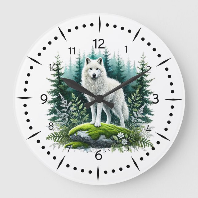 Grande Horloge Ronde Loup blanc majestueux en forêt (Recto)