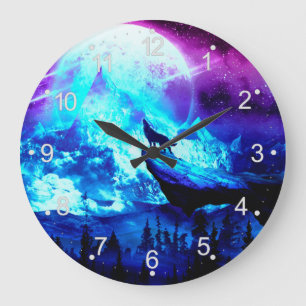 Grande Horloge Ronde Loup coloré hurlant