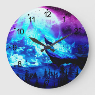 Grande Horloge Ronde Loup coloré hurlant