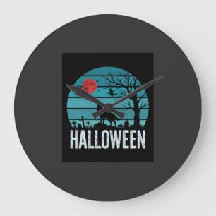Grande Horloge Ronde Loup d'Halloween Cimetière Lune Vecteur