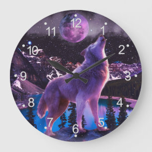 Grande Horloge Ronde Loup gris hurlant dans la forêt