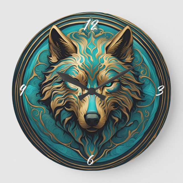 Grande Horloge Ronde Loup Turquoise et Or (Recto)