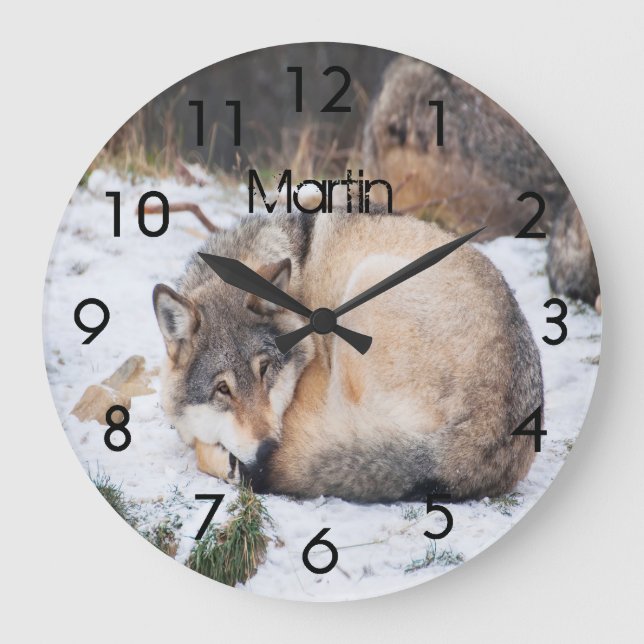 Grande Horloge Ronde Loups couchés dormant sur la neige (Recto)