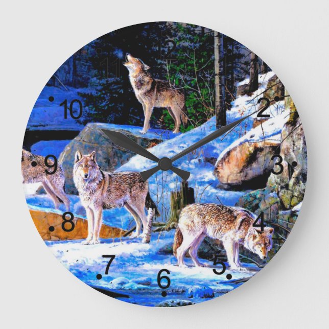 Grande Horloge Ronde Loups en peinture à la neige (Recto)
