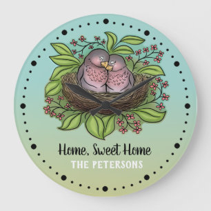 Grande Horloge Ronde Lovebirds Couple in Nest Home Sweet Home