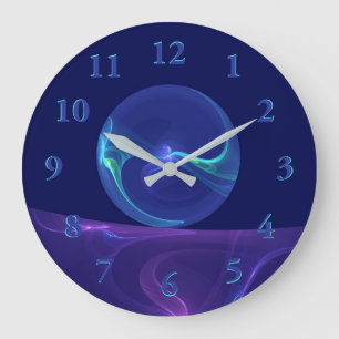 Grande Horloge Ronde Lumineuse Bleu Violet Rêve Abstrait Fractal Art