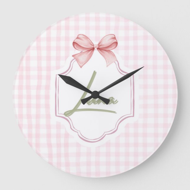 Grande Horloge Ronde Luna Baby Girl Nursery Bow & En vichy personnalisé (Recto)