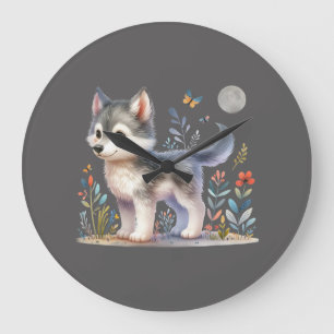 Grande Horloge Ronde Lunar Cub - Baby Wolf Wall Clock