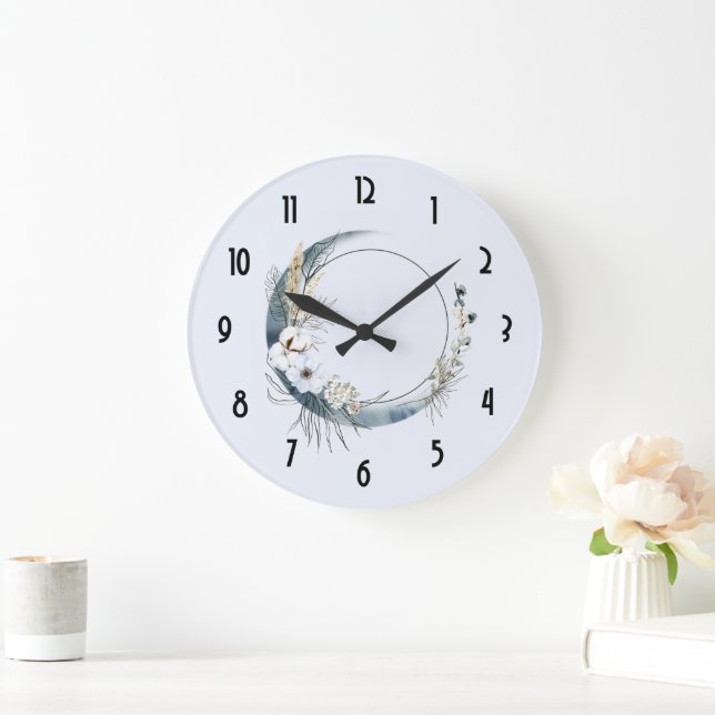 Grande Horloge Ronde Lune de croissant bleu avec fleurs blanches (Maison)