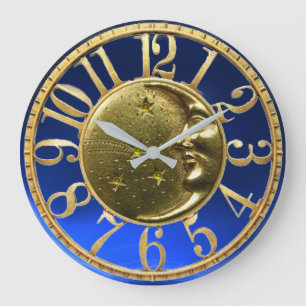 Grande Horloge Ronde LUNE ET ÉTOILES Or Jaune Bleu