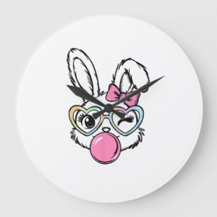 Grande Horloge Ronde Lunettes Bubble Gum Visage de Lapin Mignon Rose Co