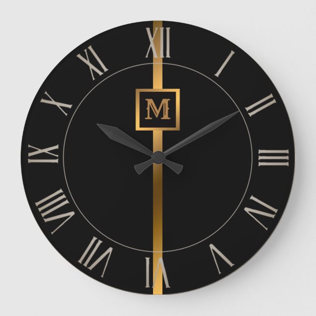 Grande Horloge Ronde Luxe Elégant Marbre Noir Or Moderne (Recto)