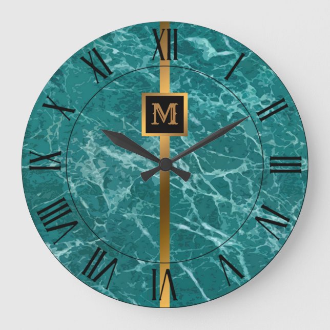 Grande Horloge Ronde Luxe Elégant Marbre Noir Or Moderne (Recto)