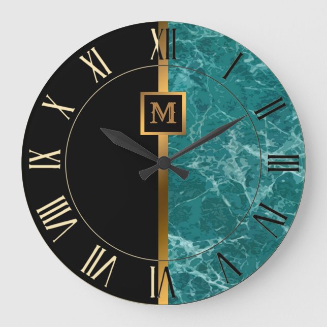 Grande Horloge Ronde Luxe Elégant Marbre Noir Or Moderne (Recto)