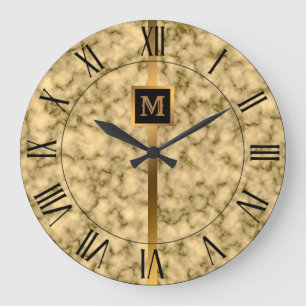 Grande Horloge Ronde Luxe Elégant Marbre Noir Or Moderne