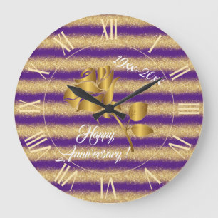 Grande Horloge Ronde Luxury Gold Glitter Purple Floral Gift