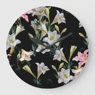 Grande Horloge Ronde Lys floraux : peinture arrière - plan noire