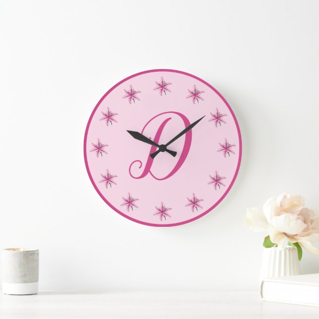 Grande Horloge Ronde Lys rose Fleurs de printemps Floral Initial (Maison)
