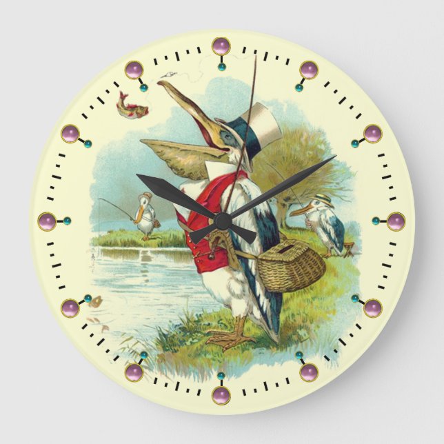 Grande Horloge Ronde M. PELICAN PÊCHE, Crème, Pierres roses (Recto)