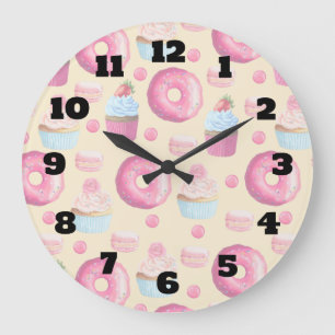 Grande Horloge Ronde Macarons À Bain Et Motif À Cupcake En Aquarelle
