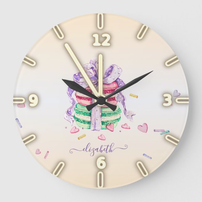 Grande Horloge Ronde Macarons Cool à aquarelles tendance - Personnalisé (Recto)