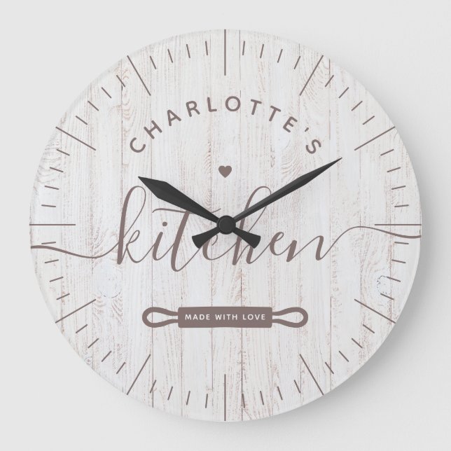 Grande Horloge Ronde Made with Love Modern Chic White Grey Wood Kitchen (Recto)