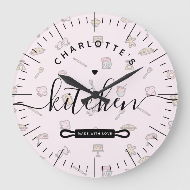 Grande Horloge Ronde Made with Love Modern Pink Bakery Pattern Kitchen (Recto)