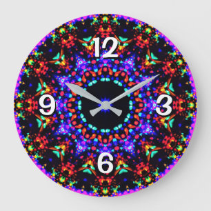 Grande Horloge Ronde Magnifique motif de kaléidoscope bleu coloré