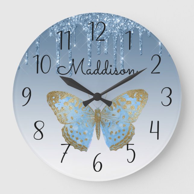 Grande Horloge Ronde Magnifique Papillon bleu personnalisé Grande horlo (Recto)