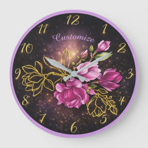 Grande Horloge Ronde Magnolia Floral Élégant Accent Doré Personnalisabl