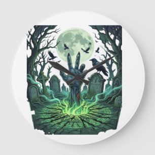 Grande Horloge Ronde Main de zombie Epitapip pleine lune cimetière